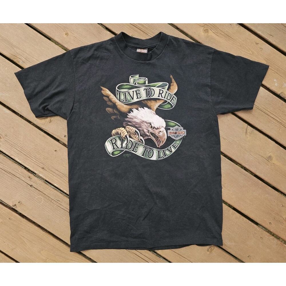 1991 Harley Davidson Eagle Live To Ride 3D Emblem Shirt XL EUC USA Single Stitch